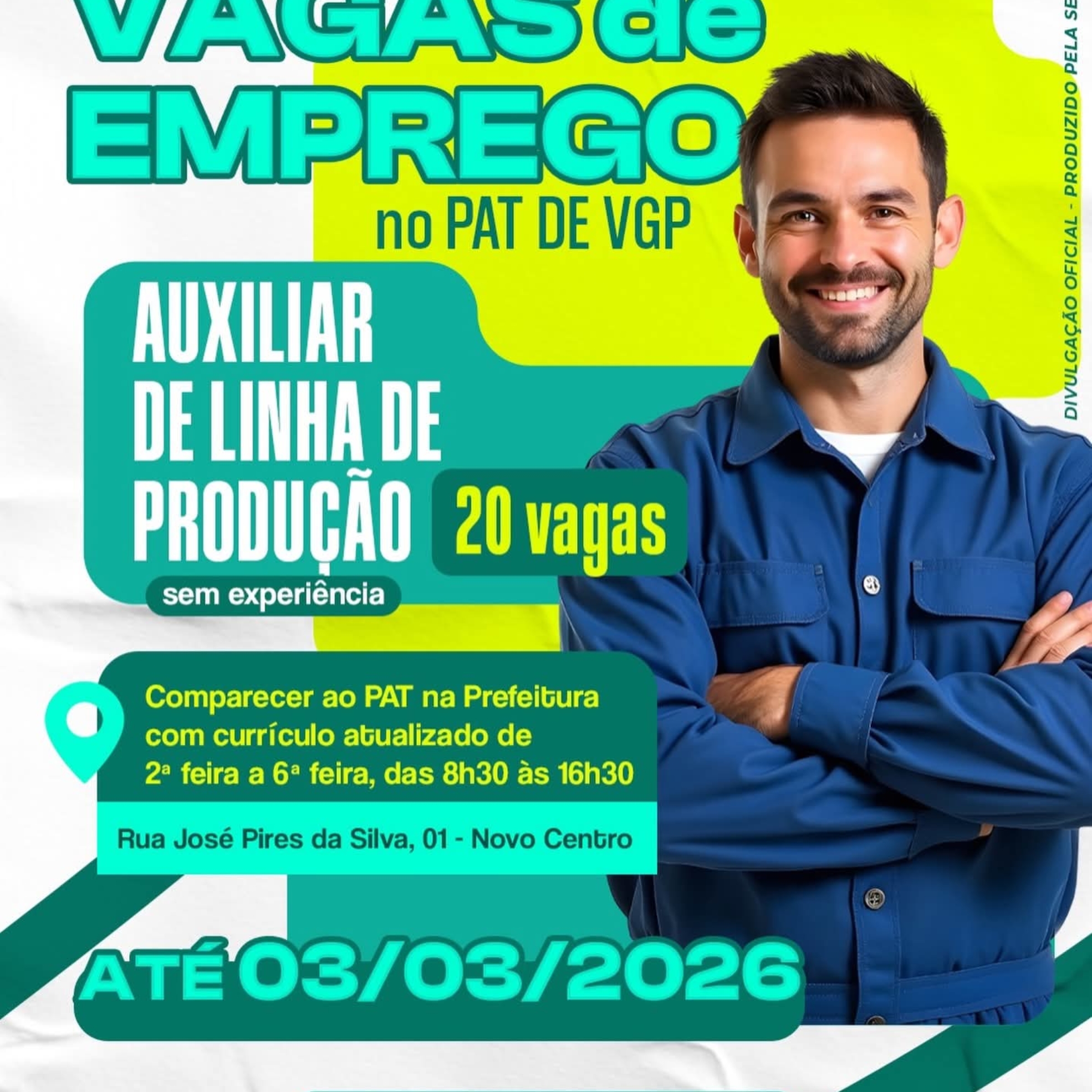 PAT de Vargem Grande Paulista oferece 20 vagas para Auxiliar de Linha de Produção. Foto: Prefeitura De Vargem Grande Paulista - VGP (Redes Sociais/Reprodução)