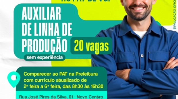 PAT de Vargem Grande Paulista oferece 20 vagas para Auxiliar de Linha de Produção. Foto: Prefeitura De Vargem Grande Paulista - VGP (Redes Sociais/Reprodução)