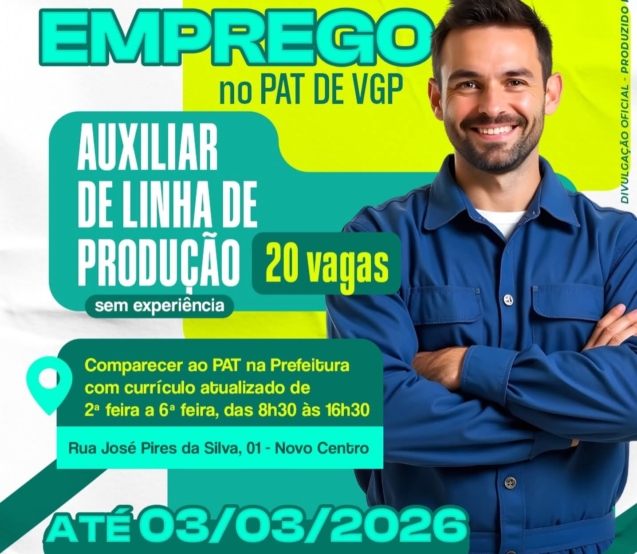 PAT de Vargem Grande Paulista oferece 20 vagas para Auxiliar de Linha de Produção. Foto: Prefeitura De Vargem Grande Paulista - VGP (Redes Sociais/Reprodução)