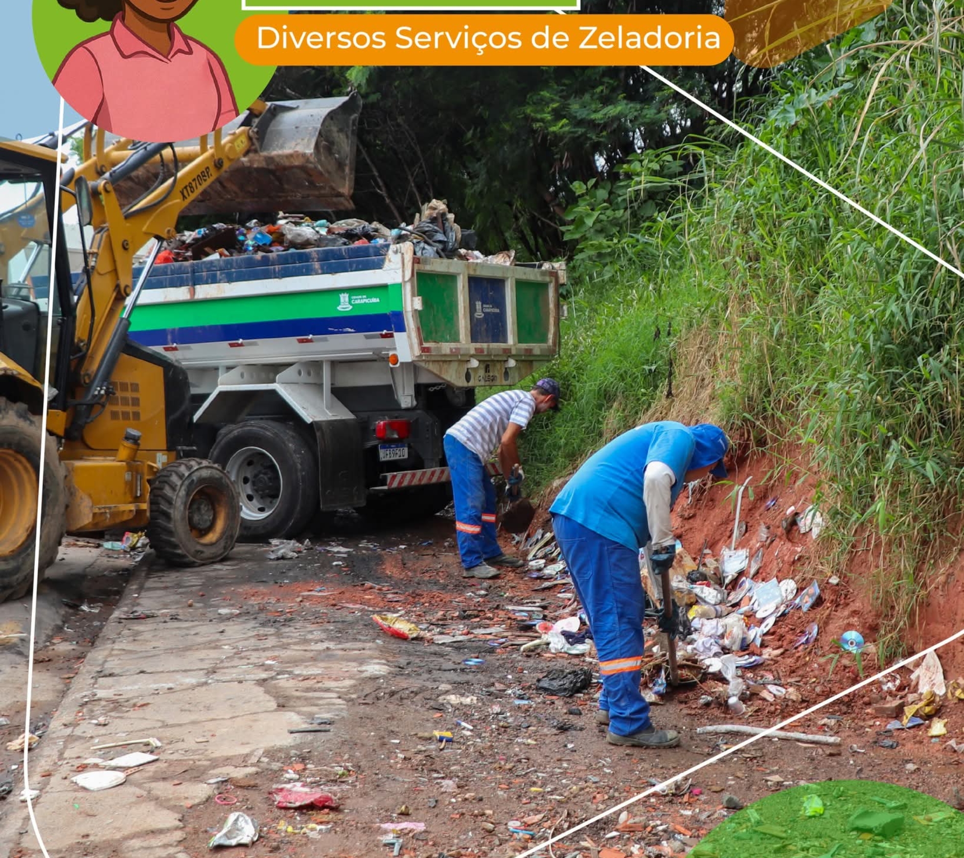 #PraQueTodosPossamVer: Dois trabalhadores recolhem lixo acumulado à beira da estrada, ao lado de um caminhão e uma retroescavadeira. Foto: Prefeitura De Carapicuíba (Redes Sociais/Reprodução)