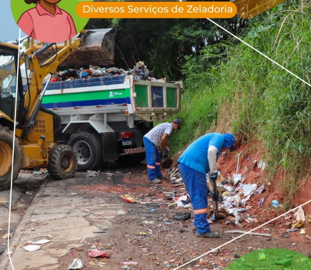 #PraQueTodosPossamVer: Dois trabalhadores recolhem lixo acumulado à beira da estrada, ao lado de um caminhão e uma retroescavadeira. Foto: Prefeitura De Carapicuíba (Redes Sociais/Reprodução)