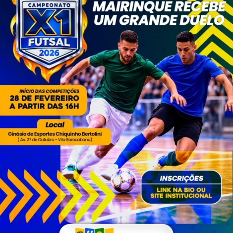 Prefeitura de Mairinque abre inscrições para Campeonato X1 de Futsal 2026, com disputas individuais e início em fevereiro. Foto: Prefeitura De Mairinque