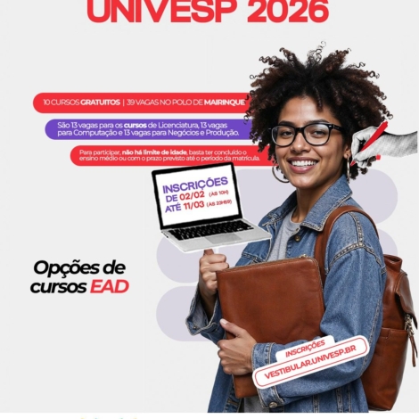 O polo da Universidade Virtual do Estado de São Paulo em Mairinque oferece 39 vagas gratuitas em cursos superiores EAD no Vestibular 202. Foto: Prefeitura De Mairinque