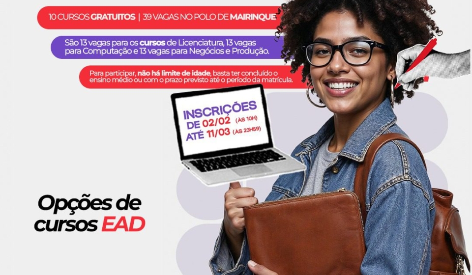 O polo da Universidade Virtual do Estado de São Paulo em Mairinque oferece 39 vagas gratuitas em cursos superiores EAD no Vestibular 202. Foto: Prefeitura De Mairinque