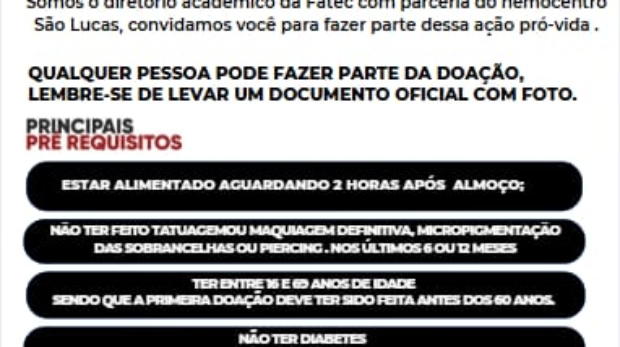 Campanha de doação de sangue da Fatec Osasco convida população para trote solidário em parceria com hemocentro. Foto: Divulgação