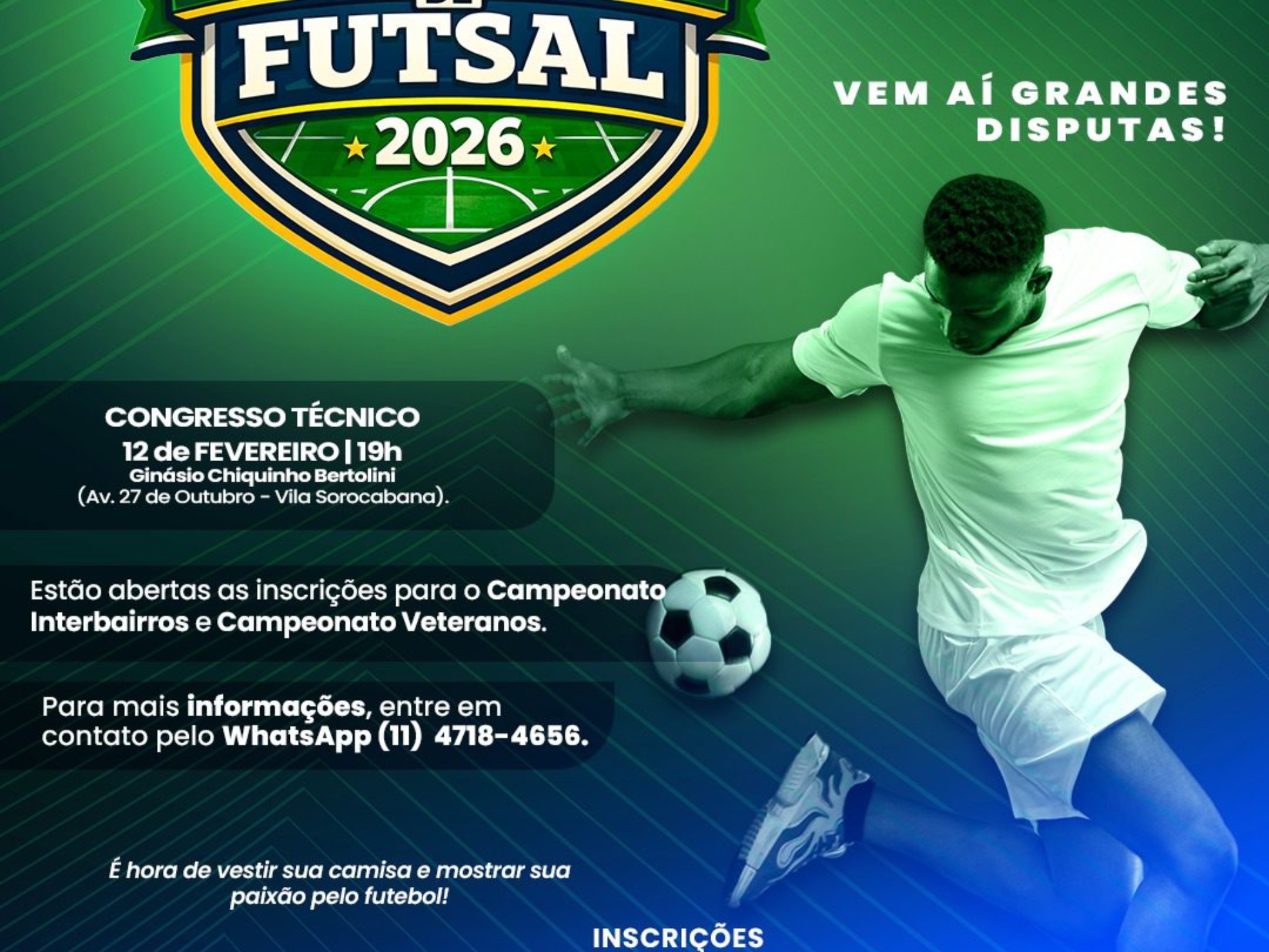 Ginásio Chiquinho Bertolini será palco do Congresso Técnico do Campeonato Interbairros e Veteranos de Futsal, que acontece no dia 12 de fevereiro.