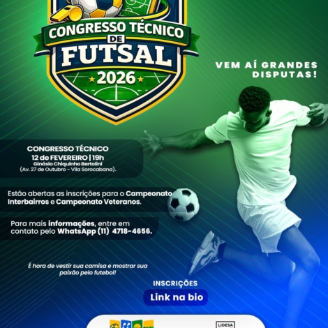 Ginásio Chiquinho Bertolini será palco do Congresso Técnico do Campeonato Interbairros e Veteranos de Futsal, que acontece no dia 12 de fevereiro.