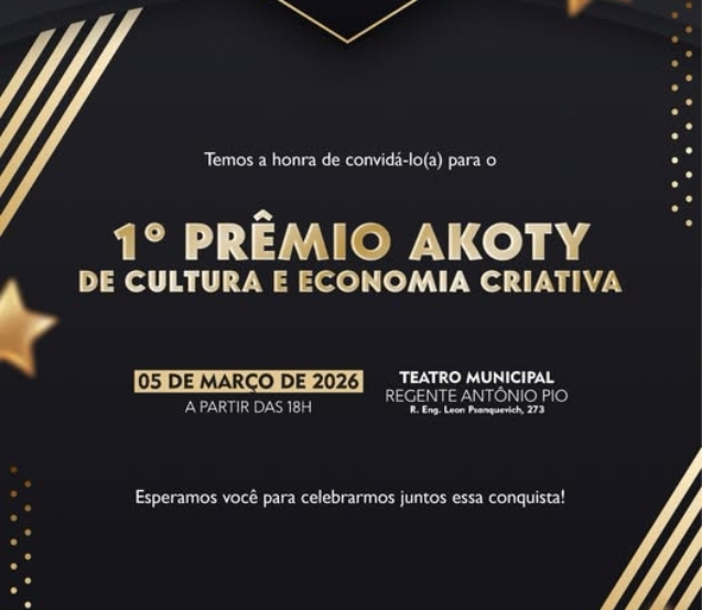 Teatro Municipal Regente Antônio Pio recebe o 1º Prêmio Akoty de Cultura e Economia Criativa. Foto: Prefeitura De Cotia (Redes Sociais/Reprodução)