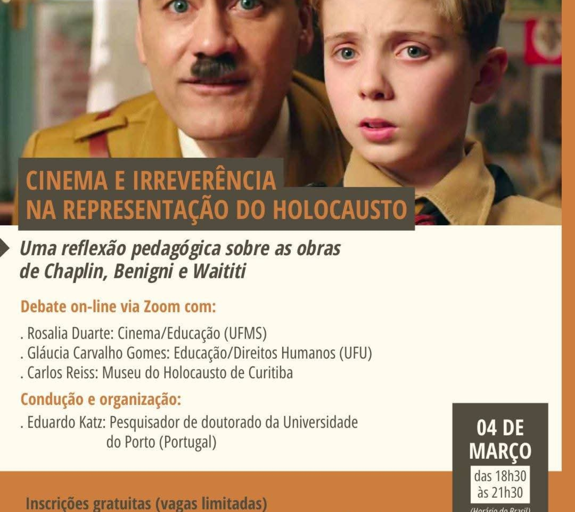 Debate on-line reúne especialistas para discutir as representações do Holocausto no cinema e suas implicações pedagógicas, com base nas obras de Chaplin, Benigni e Waititi. Foto: Museu Do Holocausto De Curitiba (Redes Sociais/Reprodução)