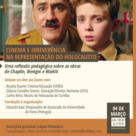 Debate on-line reúne especialistas para discutir as representações do Holocausto no cinema e suas implicações pedagógicas, com base nas obras de Chaplin, Benigni e Waititi. Foto: Museu Do Holocausto De Curitiba (Redes Sociais/Reprodução)
