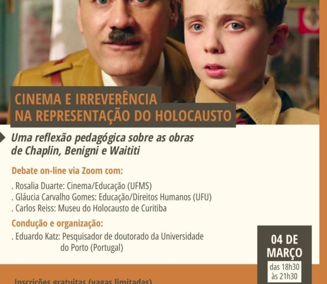 Debate on-line reúne especialistas para discutir as representações do Holocausto no cinema e suas implicações pedagógicas, com base nas obras de Chaplin, Benigni e Waititi. Foto: Museu Do Holocausto De Curitiba (Redes Sociais/Reprodução)