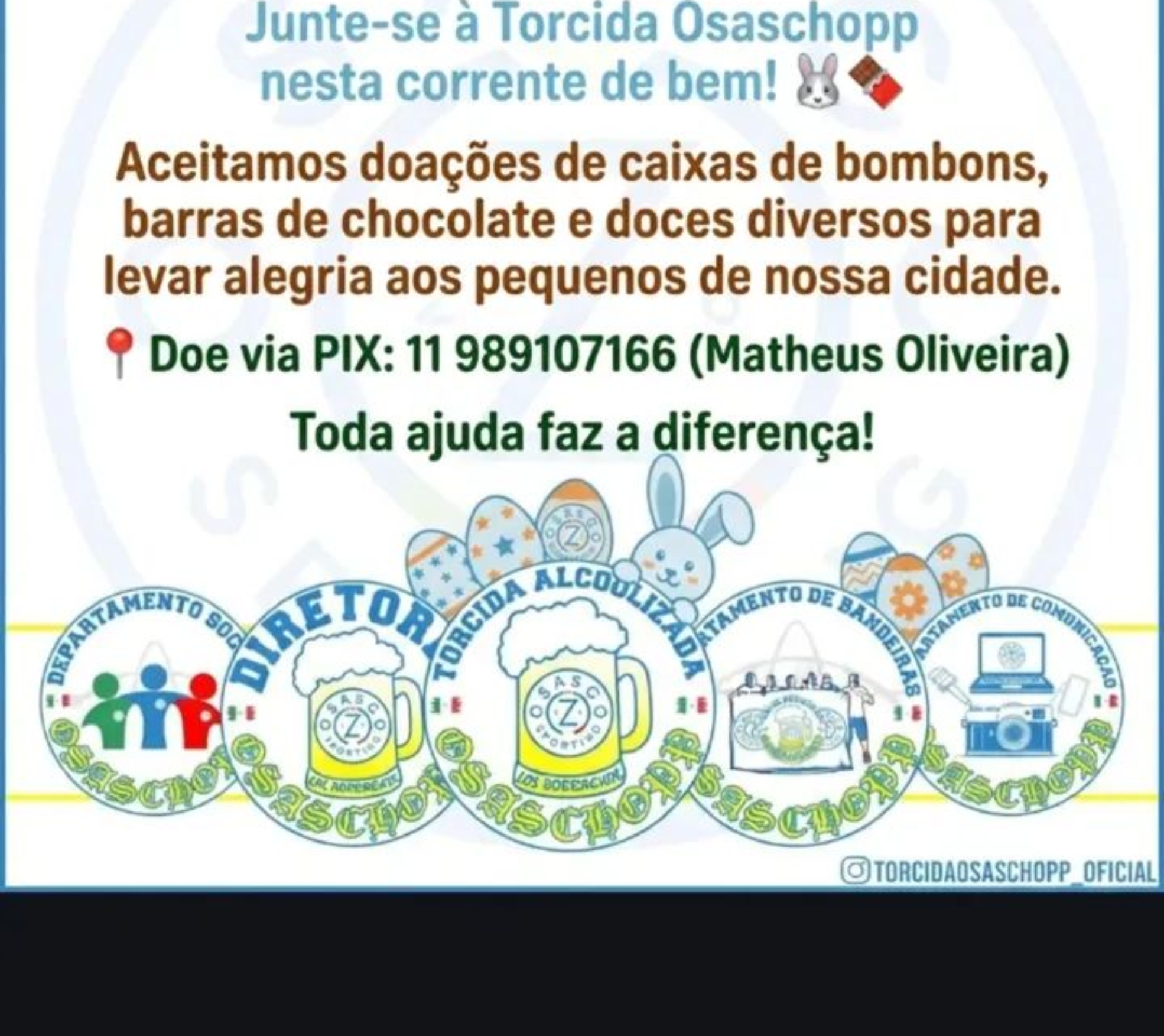 A Torcida Osaschopp arrecadando chocolates e doces para a Páscoa de Osasco. Doe e faça a diferença! Foto: Torcida Osaschopp (Redes Sociais/Reprodução)