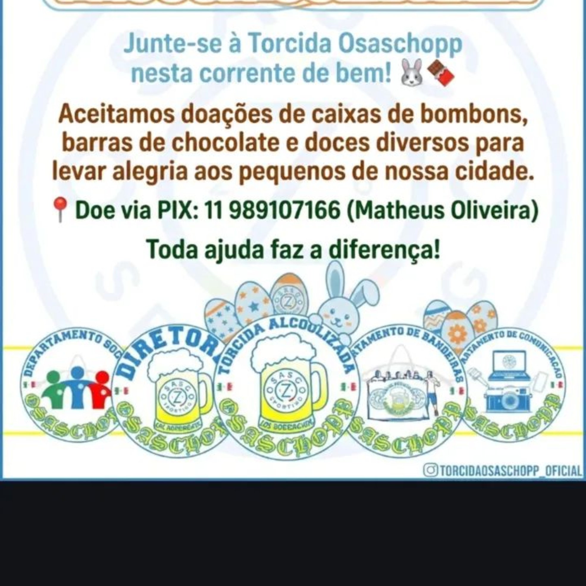 A Torcida Osaschopp arrecadando chocolates e doces para a Páscoa de Osasco. Doe e faça a diferença! Foto: Torcida Osaschopp (Redes Sociais/Reprodução)