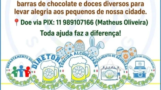 A Torcida Osaschopp arrecadando chocolates e doces para a Páscoa de Osasco. Doe e faça a diferença! Foto: Torcida Osaschopp (Redes Sociais/Reprodução)