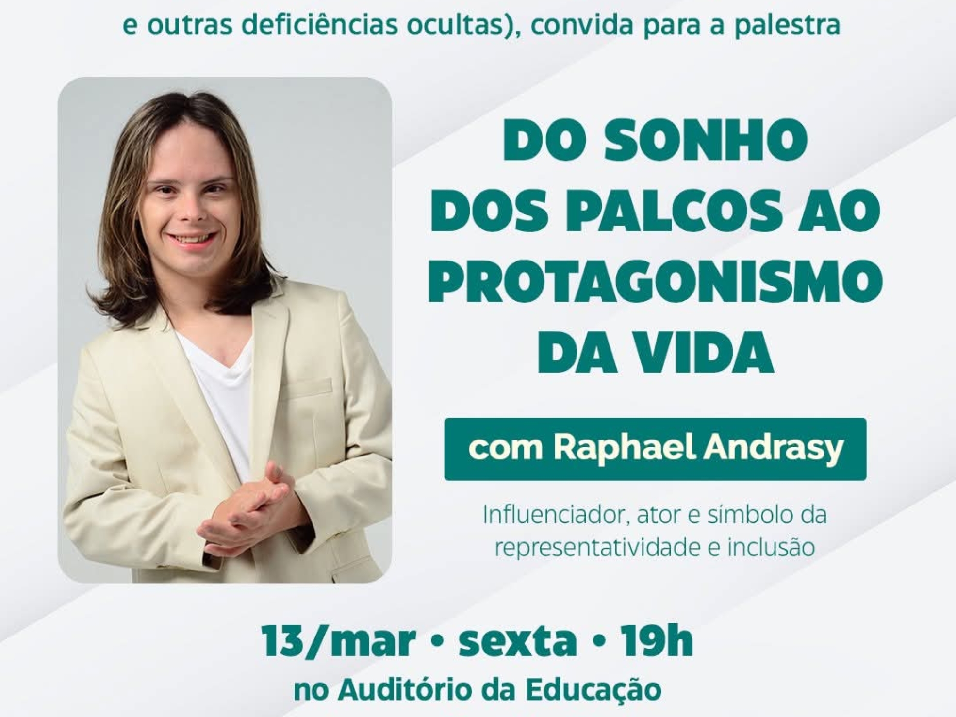 O ator e influenciador Raphael Andrasy Ibarra participa de palestra gratuita em Itu sobre inclusão, autonomia e protagonismo de pessoas com síndrome de Down. Foto: Prefeitura De Itu (Redes Sociais/Reprodução)