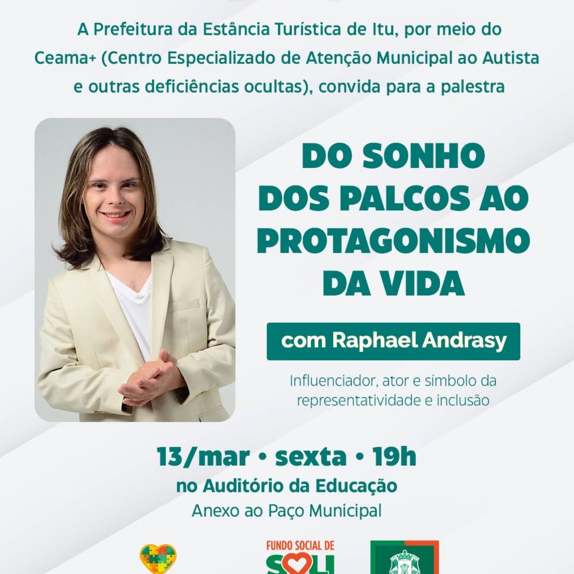 O ator e influenciador Raphael Andrasy Ibarra participa de palestra gratuita em Itu sobre inclusão, autonomia e protagonismo de pessoas com síndrome de Down. Foto: Prefeitura De Itu (Redes Sociais/Reprodução)