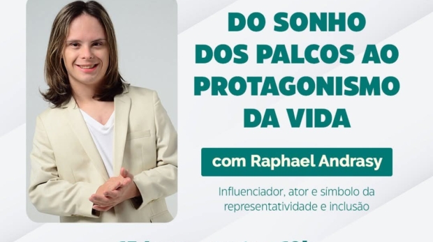 O ator e influenciador Raphael Andrasy Ibarra participa de palestra gratuita em Itu sobre inclusão, autonomia e protagonismo de pessoas com síndrome de Down. Foto: Prefeitura De Itu (Redes Sociais/Reprodução)