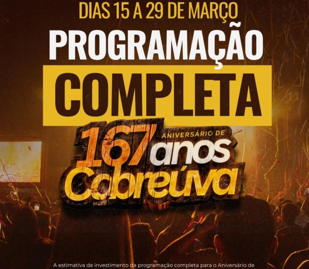 Cabreúva prepara uma programação especial com shows, eventos culturais, corrida, celebrações cívicas e atividades para toda a família em comemoração aos 167 anos da cidade. Foto: Prefeitura De Cabreúva (Redes Sociais/Reprodução) 🎉🏃‍♂️🎶