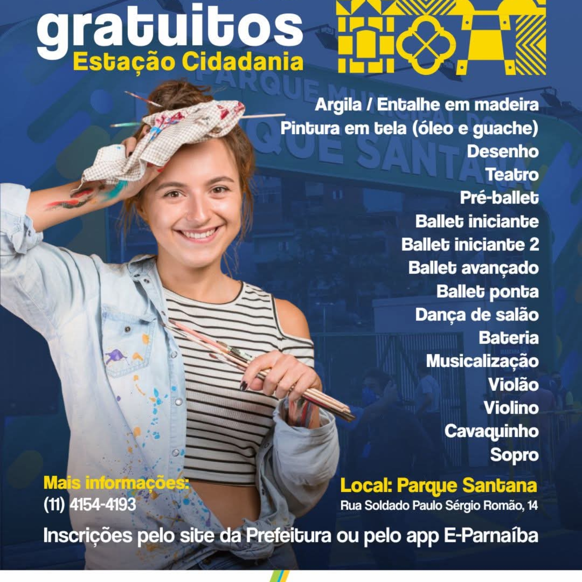 Cursos gratuitos de arte, música e dança estão com inscrições abertas na Estação Cidadania em Santana de Parnaíba.  Foto: Prefeitura De Santana De Parnaíba (Redes Sociais/Reprodução) 🎨🎶💃