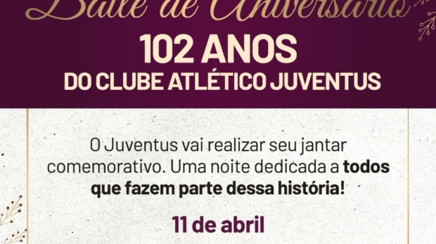 O Clube Juventus comemora 102 anos de história com uma noite especial de celebração no Salão Grená. Garanta seu ingresso e faça parte desse momento inesquecível! Foto: Clube Atlético Juventus (Redes Sociais/Reprodução)