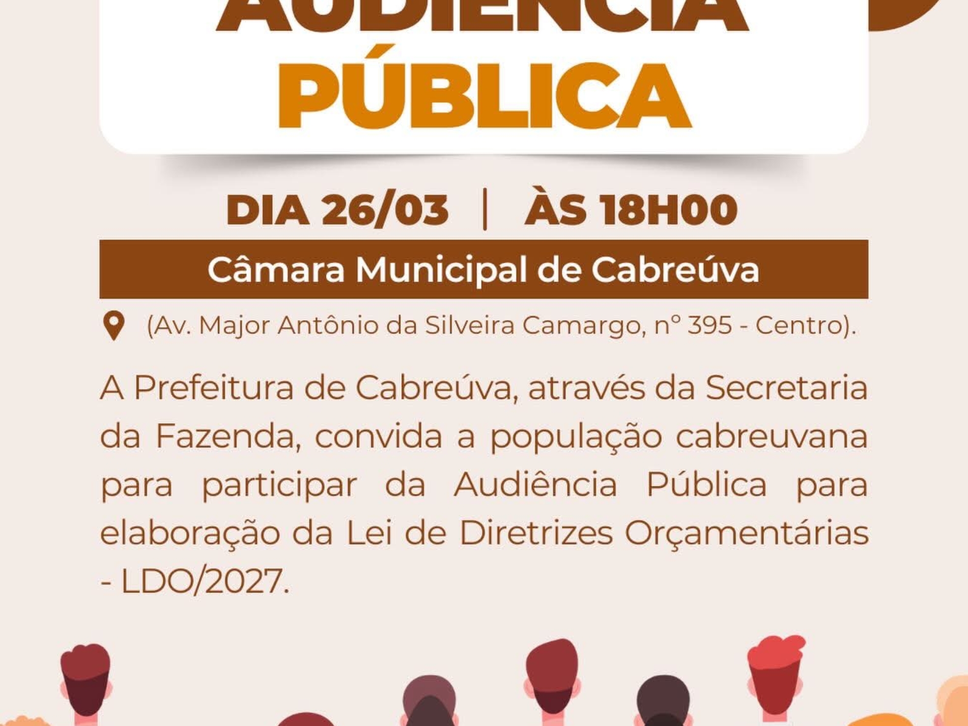 Prefeitura de Cabreúva convida a população para audiência pública que discutirá as diretrizes do orçamento municipal para 2027. Foto: Prefeitura De Cabreúva (Redes Sociais/Reprodução)