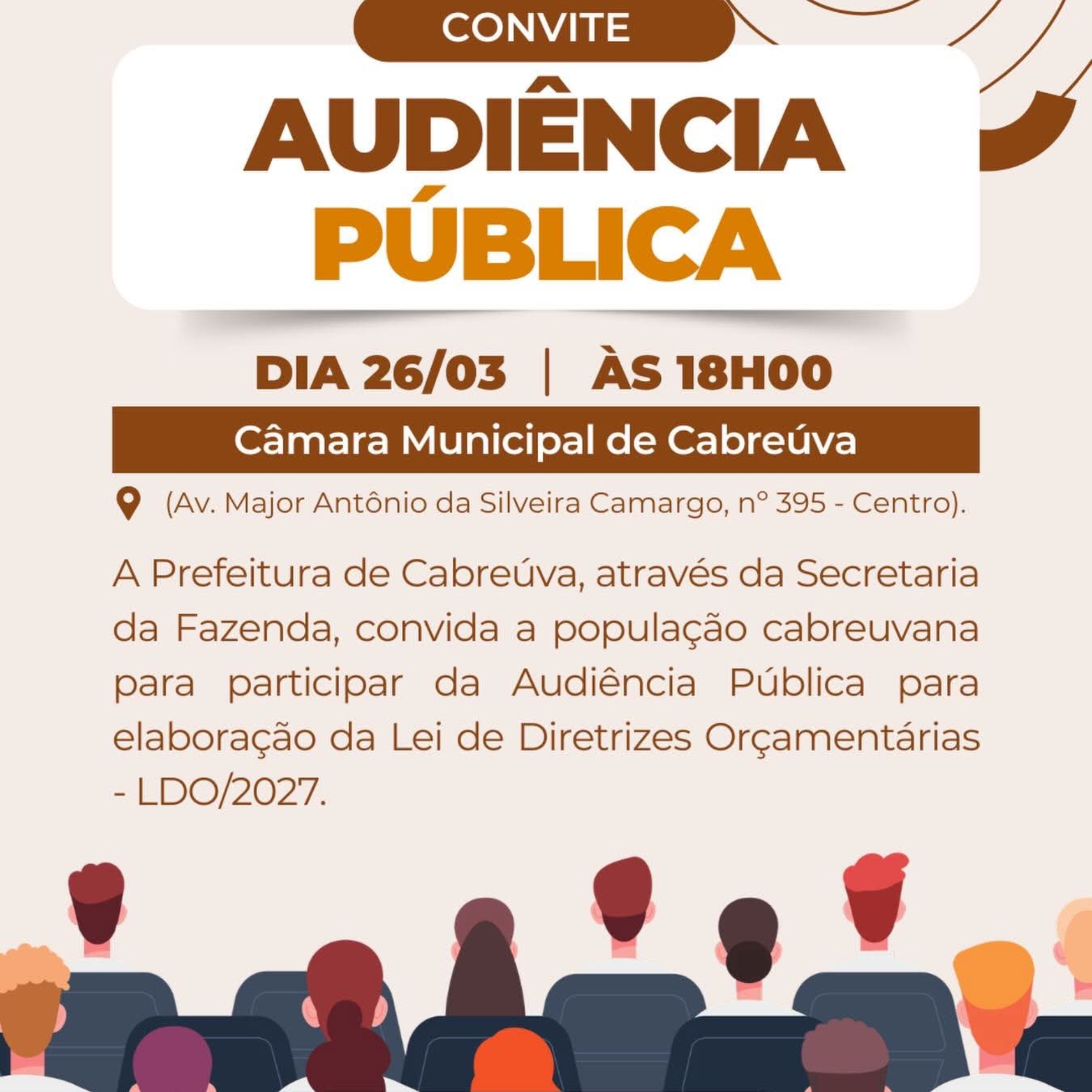 Prefeitura de Cabreúva convida a população para audiência pública que discutirá as diretrizes do orçamento municipal para 2027. Foto: Prefeitura De Cabreúva (Redes Sociais/Reprodução)