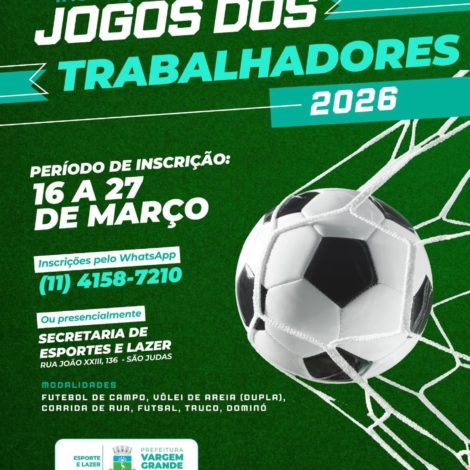 Prefeitura abre inscrições para os Jogos dos Trabalhadores 2026, promovendo esporte, integração e qualidade de vida para os trabalhadores de Vargem Grande Paulista. 🏆⚽🏃‍♂️ Foto: Prefeitura de Vargem Grande Paulista VGP (Redes Sociais/Reprodução)