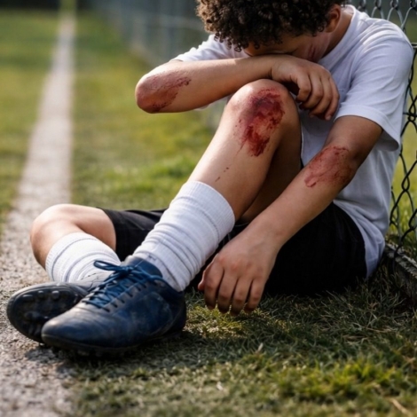 Menino deixa o campo machucado após episódio de agressão durante peneira de futebol. A cena levanta um alerta sobre os valores ensinados a jovens atletas em ambientes de alta competitividade.
Imagem ilustrativa criada por IA (Gemini).