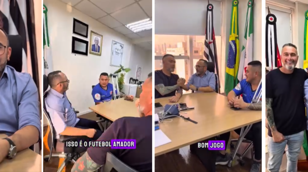 Sequência de momentos da ação solidária na Copa do Busão: o vereador Carmônio Bastos anuncia a iniciativa, reforça o espírito do futebol amador, cumprimenta o presidente do Calica e encerra ao lado de Casão (à esquerda, de camisa preta) e do vereador Maurício Japa (à direita, de camisa azul), destacando a união entre esporte e solidariedade. Crédito: Reprodução/Facebook – Reels de Carmônio Bastos