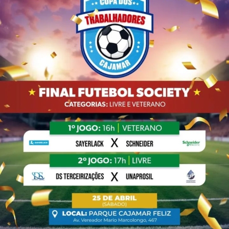 Final da Copa dos Trabalhadores de Futebol Society reúne equipes e torcedores no Parque Cajamar Feliz.

Crédito: Prefeitura De Cajamar (Redes Sociais/Reprodução)