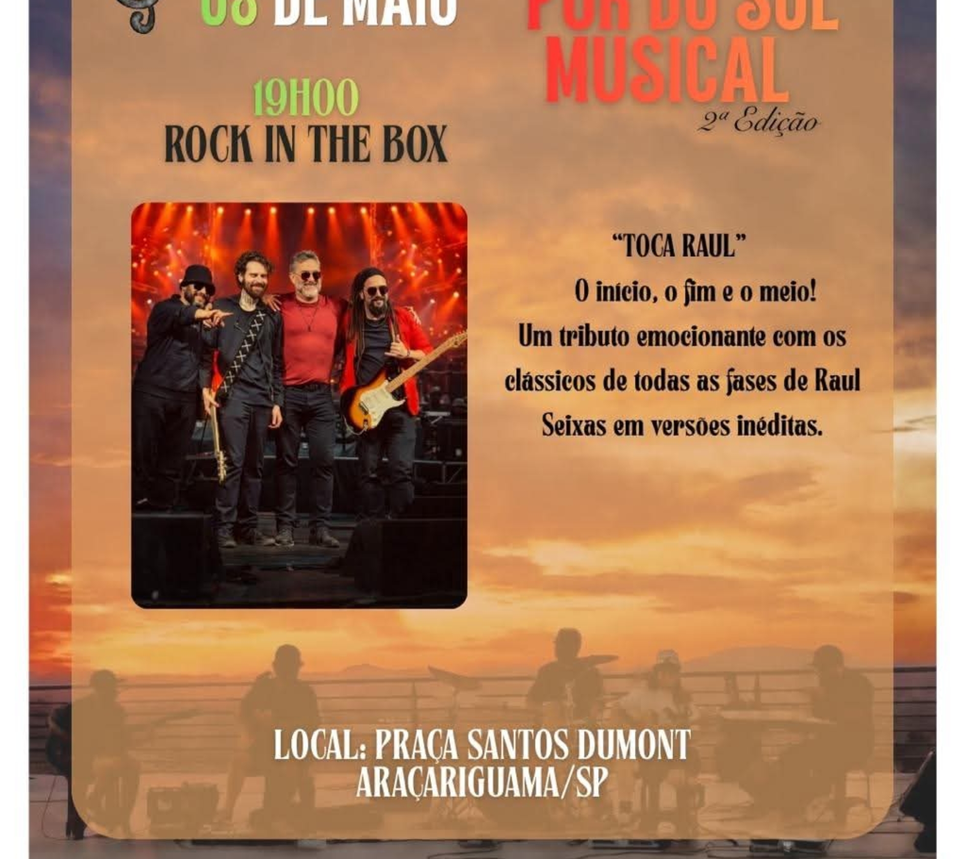 Banda Rock in The Box se apresenta em tributo a Raul Seixas durante o projeto Pôr do Sol Musical em Araçariguama.

Crédito: Prefeitura De Araçariguama (Redes Sociais/Reprodução)