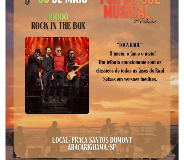 Banda Rock in The Box se apresenta em tributo a Raul Seixas durante o projeto Pôr do Sol Musical em Araçariguama.

Crédito: Prefeitura De Araçariguama (Redes Sociais/Reprodução)