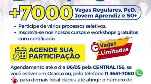 Convite oficial da Expo Emprego 2026 anuncia mais de 7 mil vagas e participação de dezenas de empresas em Osasco.

Crédito: Prefeitura De Vargem Grande Paulista - VGP (Redes Sociais/Reprodução)