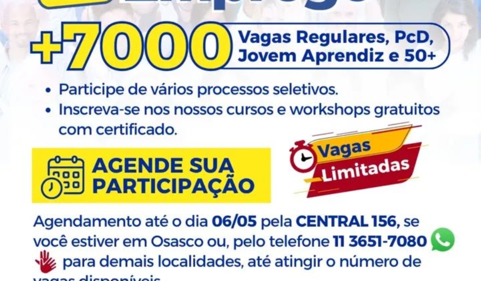 Convite oficial da Expo Emprego 2026 anuncia mais de 7 mil vagas e participação de dezenas de empresas em Osasco.

Crédito: Prefeitura De Vargem Grande Paulista - VGP (Redes Sociais/Reprodução)