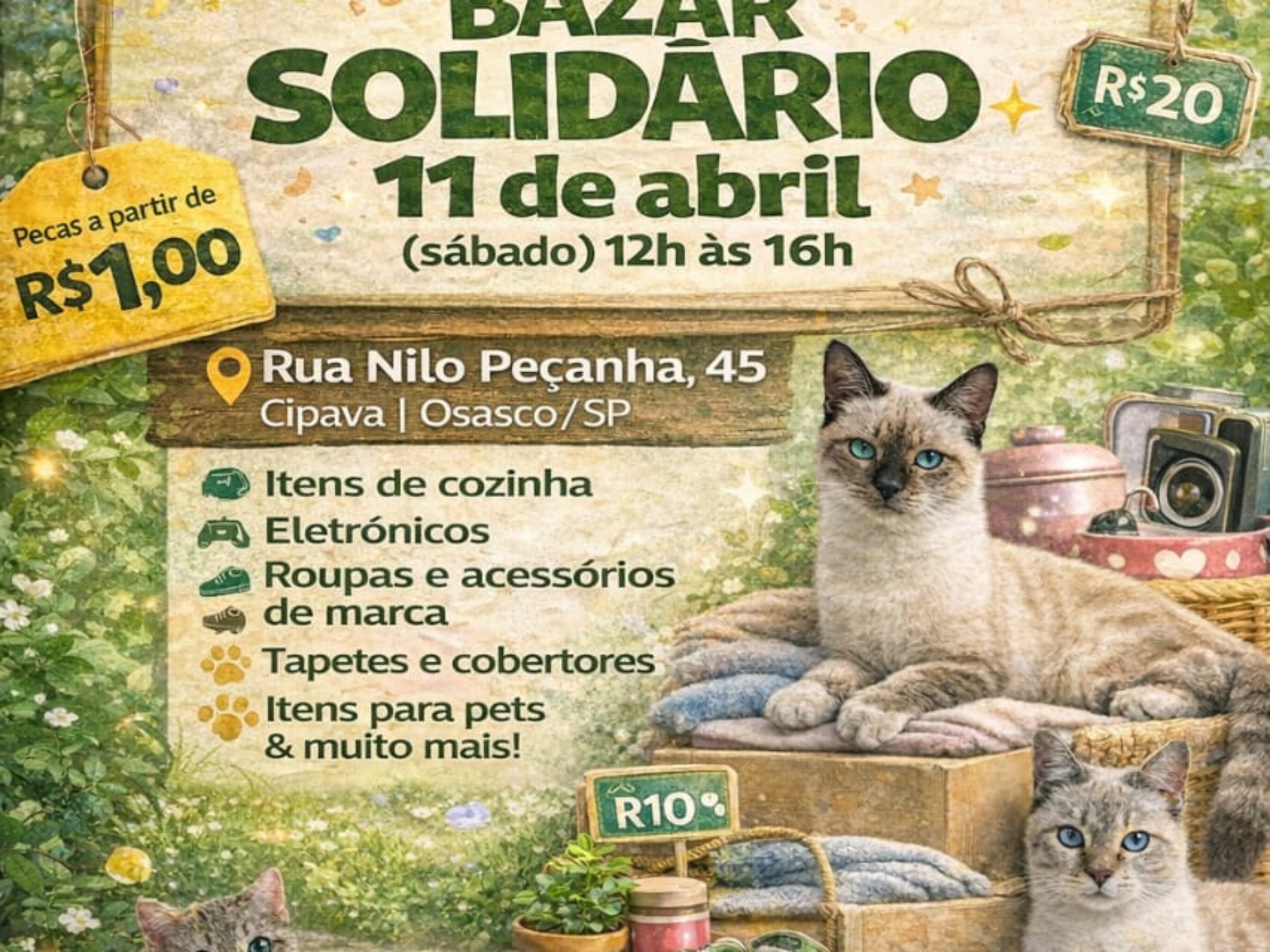 Bazar solidário em Osasco oferece produtos a preços acessíveis e reverte toda a renda para o cuidado de animais resgatados. Foto: Divulgação