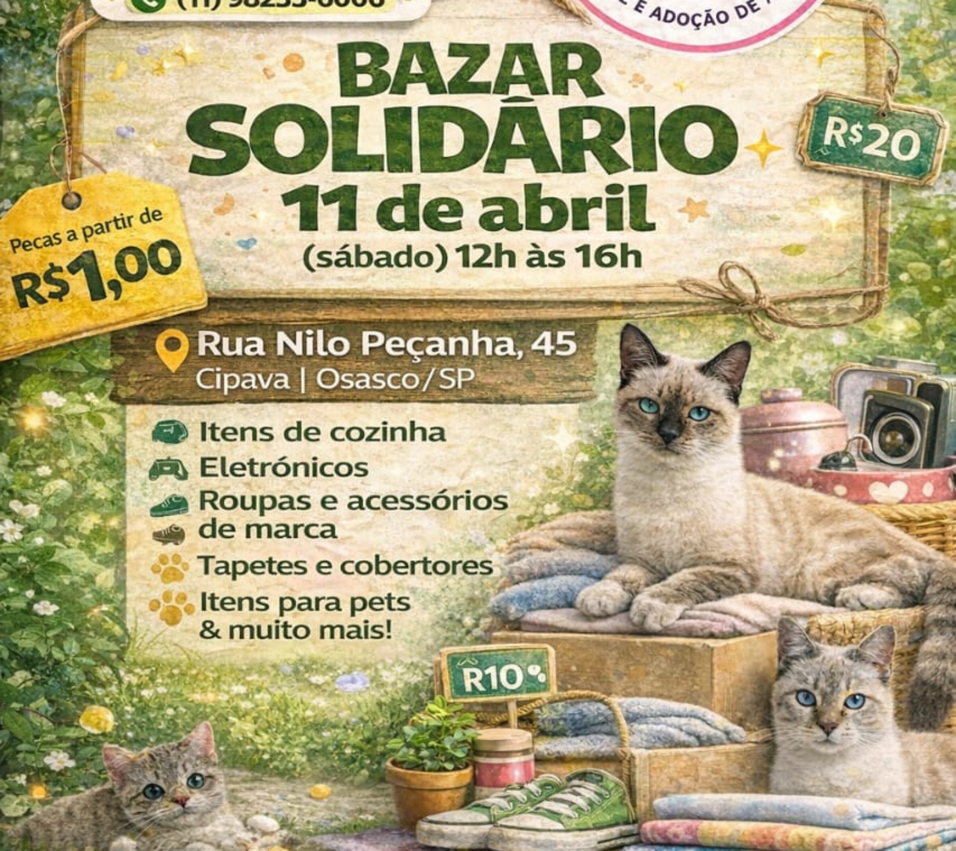 Bazar solidário em Osasco oferece produtos a preços acessíveis e reverte toda a renda para o cuidado de animais resgatados. Foto: Divulgação