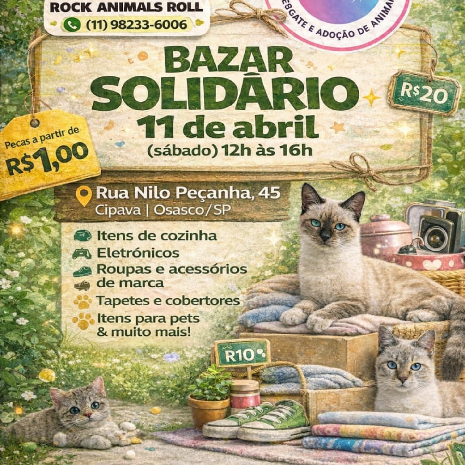 Bazar solidário em Osasco oferece produtos a preços acessíveis e reverte toda a renda para o cuidado de animais resgatados. Foto: Divulgação