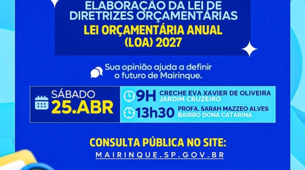 Mairinque promove audiências públicas para ouvir a população e definir prioridades do orçamento municipal para 2027.

Foto: Prefeitura De Mairinque