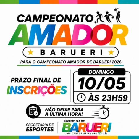 Inscrições para o Campeonato Amador de Barueri 2026 seguem até 10 de maio e não serão prorrogadas.

Crédito:  Campeonato Amador De Barueri (Redes Sociais/ Reprodução)