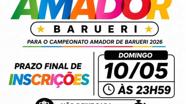 Inscrições para o Campeonato Amador de Barueri 2026 seguem até 10 de maio e não serão prorrogadas.

Crédito:  Campeonato Amador De Barueri (Redes Sociais/ Reprodução)