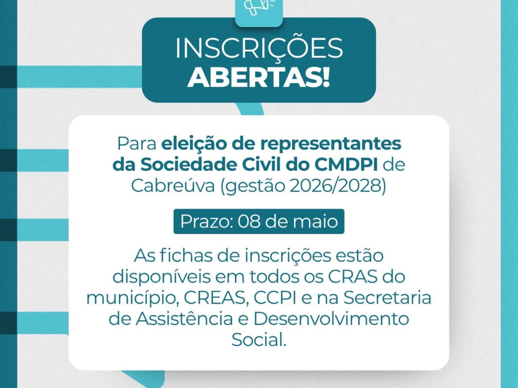 Cabreúva abre inscrições para representantes da sociedade civil no Conselho da Pessoa Idosa.

Crédito: Prefeitura De Cabreúva