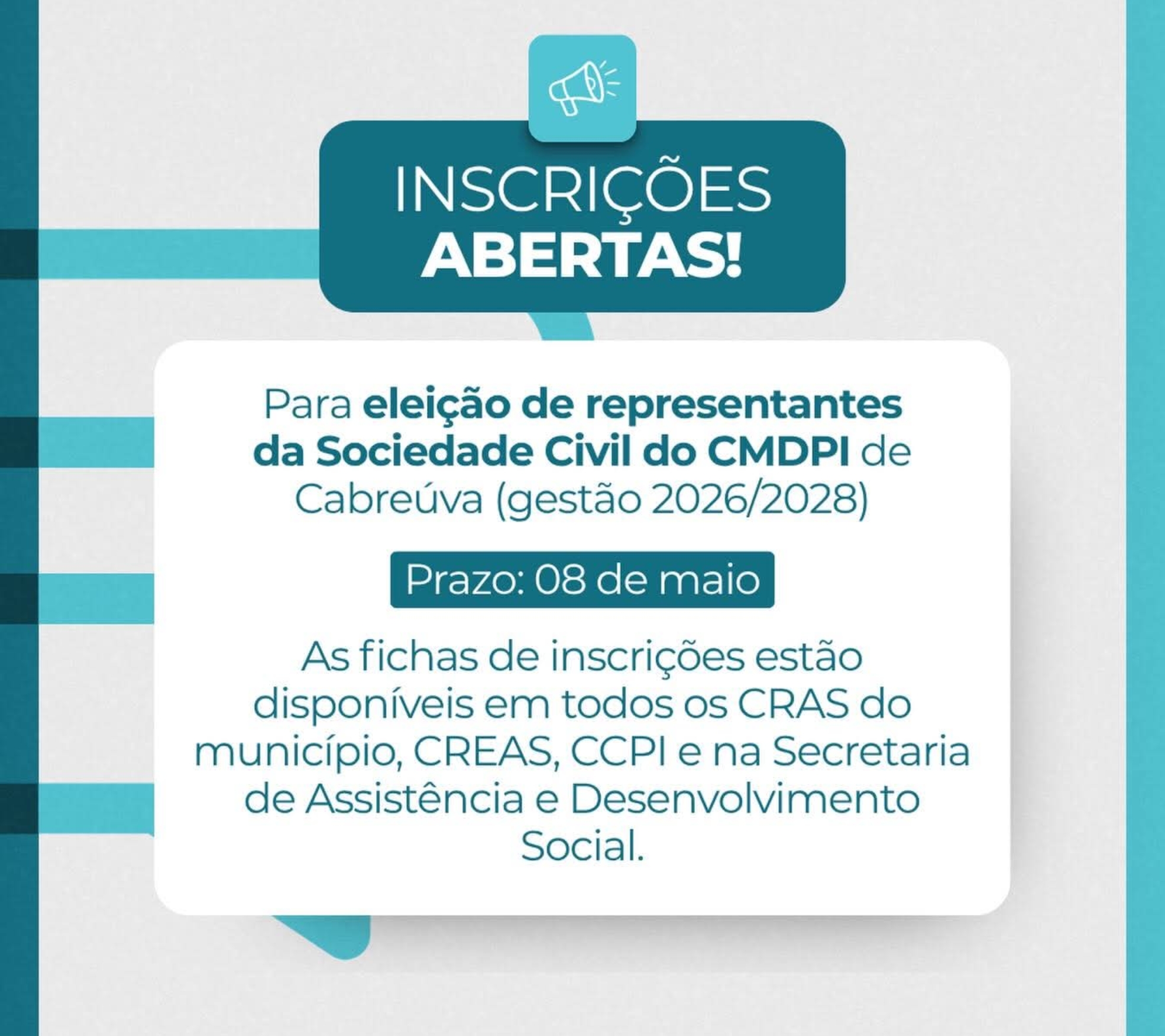 Cabreúva abre inscrições para representantes da sociedade civil no Conselho da Pessoa Idosa.

Crédito: Prefeitura De Cabreúva