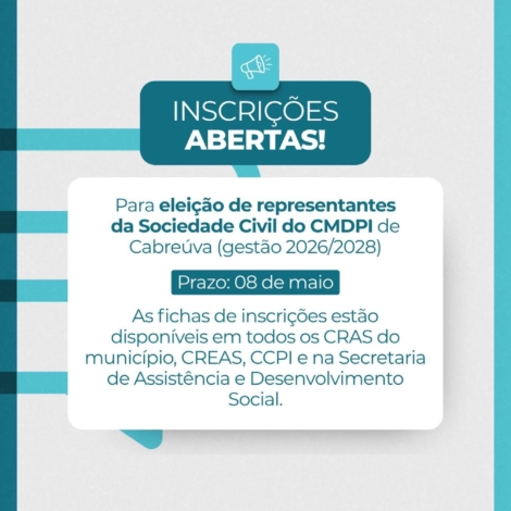 Cabreúva abre inscrições para representantes da sociedade civil no Conselho da Pessoa Idosa.

Crédito: Prefeitura De Cabreúva