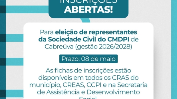 Cabreúva abre inscrições para representantes da sociedade civil no Conselho da Pessoa Idosa.

Crédito: Prefeitura De Cabreúva