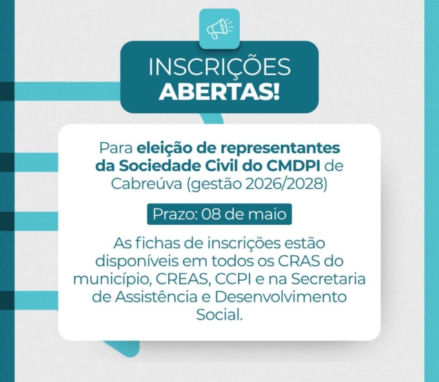 Cabreúva abre inscrições para representantes da sociedade civil no Conselho da Pessoa Idosa.

Crédito: Prefeitura De Cabreúva