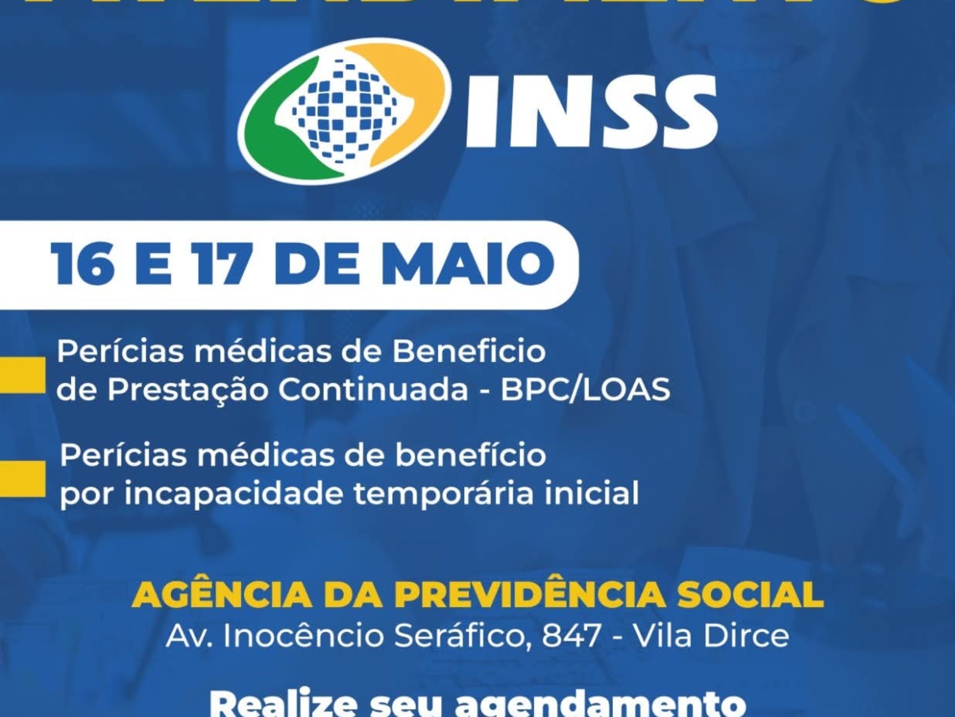 Perícias médicas, mais agilidade no atendimento e suporte para quem mais precisa. O atendimento especial acontece nos dias 16 e 17 de maio! 

Crédito: Prefeitura De Carapicuíba (Redes Sociais/Reprodução)