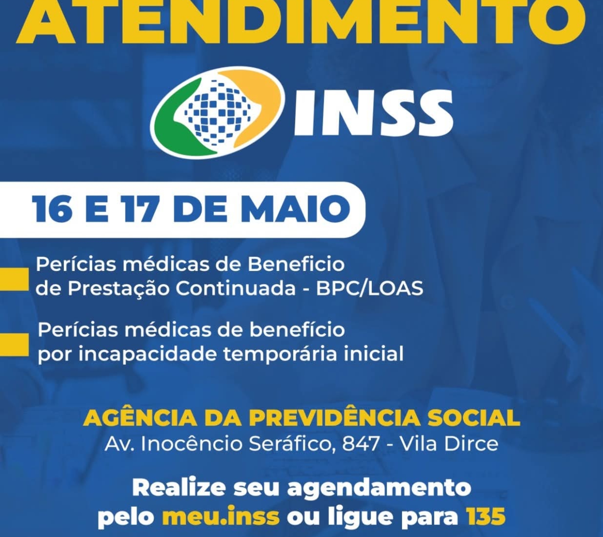 Perícias médicas, mais agilidade no atendimento e suporte para quem mais precisa. O atendimento especial acontece nos dias 16 e 17 de maio! 

Crédito: Prefeitura De Carapicuíba (Redes Sociais/Reprodução)