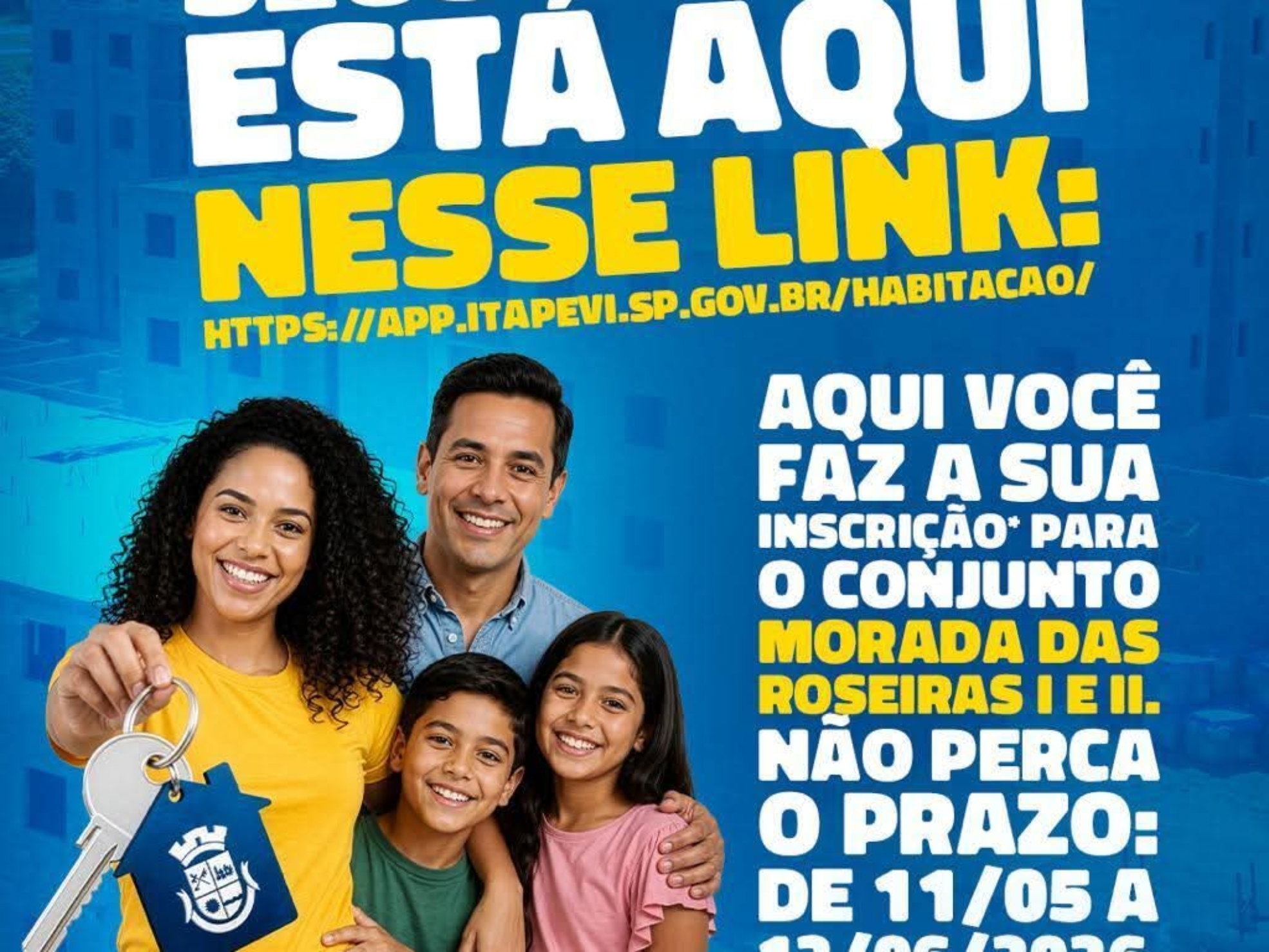 Prefeitura de Itapevi abre inscrições gratuitas para sorteio de 300 apartamentos do Conjunto Roseiras I e II pelo programa Minha Casa Minha Vida.

Crédito: Prefeitura De Itapevi (Redes Sociais/Reprodução)