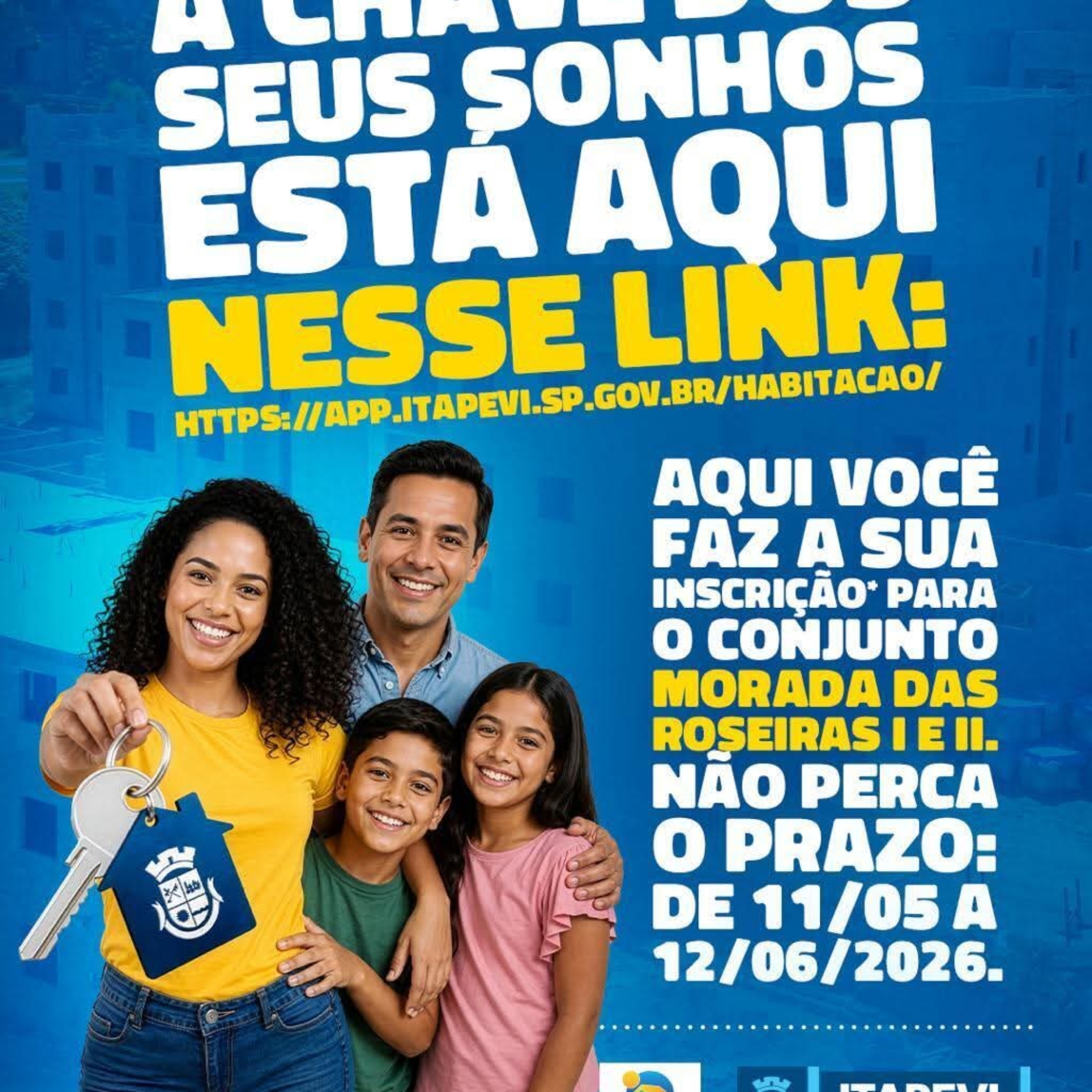 Prefeitura de Itapevi abre inscrições gratuitas para sorteio de 300 apartamentos do Conjunto Roseiras I e II pelo programa Minha Casa Minha Vida.

Crédito: Prefeitura De Itapevi (Redes Sociais/Reprodução)