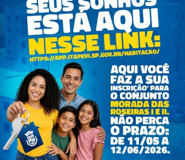 Prefeitura de Itapevi abre inscrições gratuitas para sorteio de 300 apartamentos do Conjunto Roseiras I e II pelo programa Minha Casa Minha Vida.

Crédito: Prefeitura De Itapevi (Redes Sociais/Reprodução)
